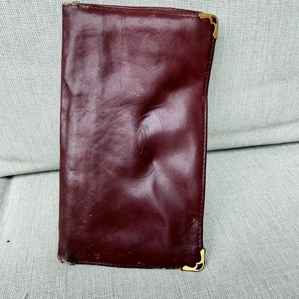Cartier Vintage Must de Cartier Burgundy Leather Bifold Wallet Gold Corners 4x7